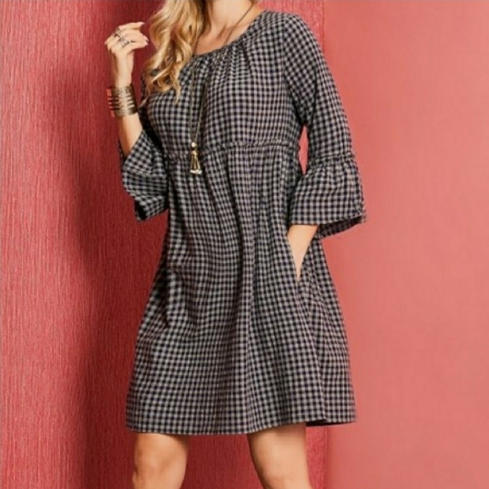 Suzanne Betro Gingham Dress with Bell Sleeves 100% Cotton Blue Gray Size Large